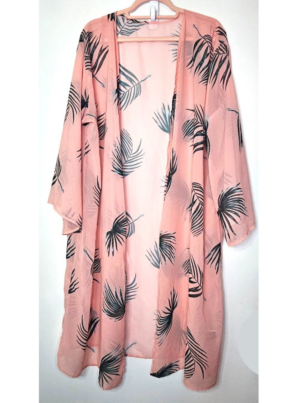 Pink Tropical Palm Print Sheer Kimono Duster Cover Up Boho Resort 3XL